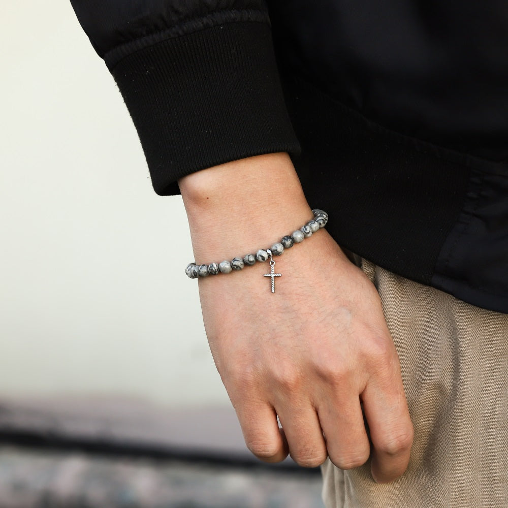 BSS1129 STAINLESS STEEL NATURAL STONE BEADS BRACELET WITH CROSS CHARM
