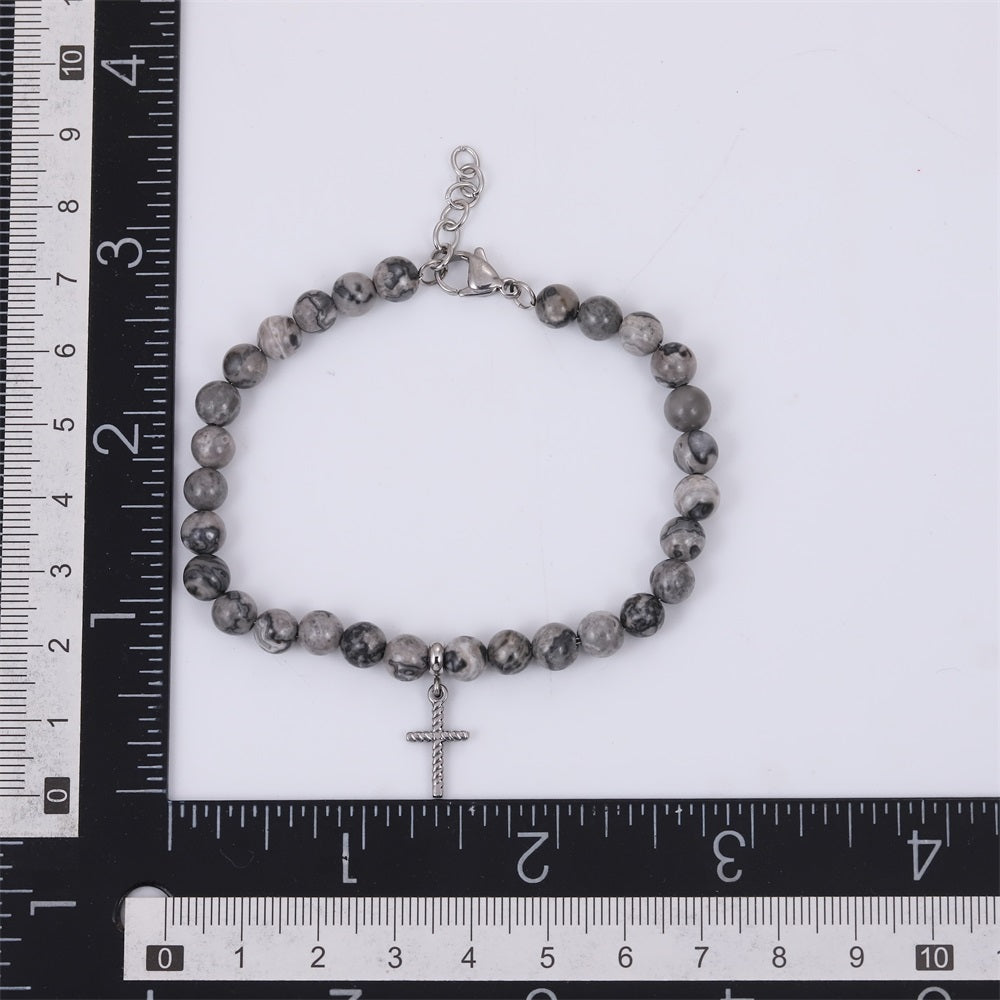 BSS1129 STAINLESS STEEL NATURAL STONE BEADS BRACELET WITH CROSS CHARM