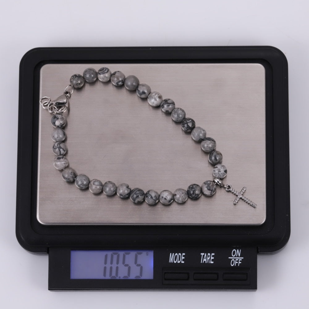 BSS1129 STAINLESS STEEL NATURAL STONE BEADS BRACELET WITH CROSS CHARM