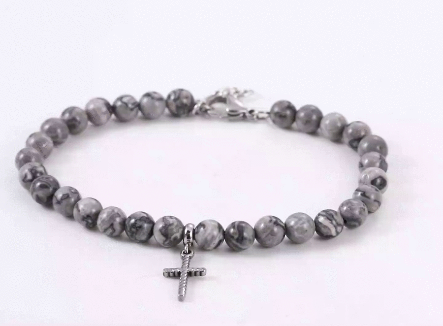 BSS1129 STAINLESS STEEL NATURAL STONE BEADS BRACELET WITH CROSS CHARM