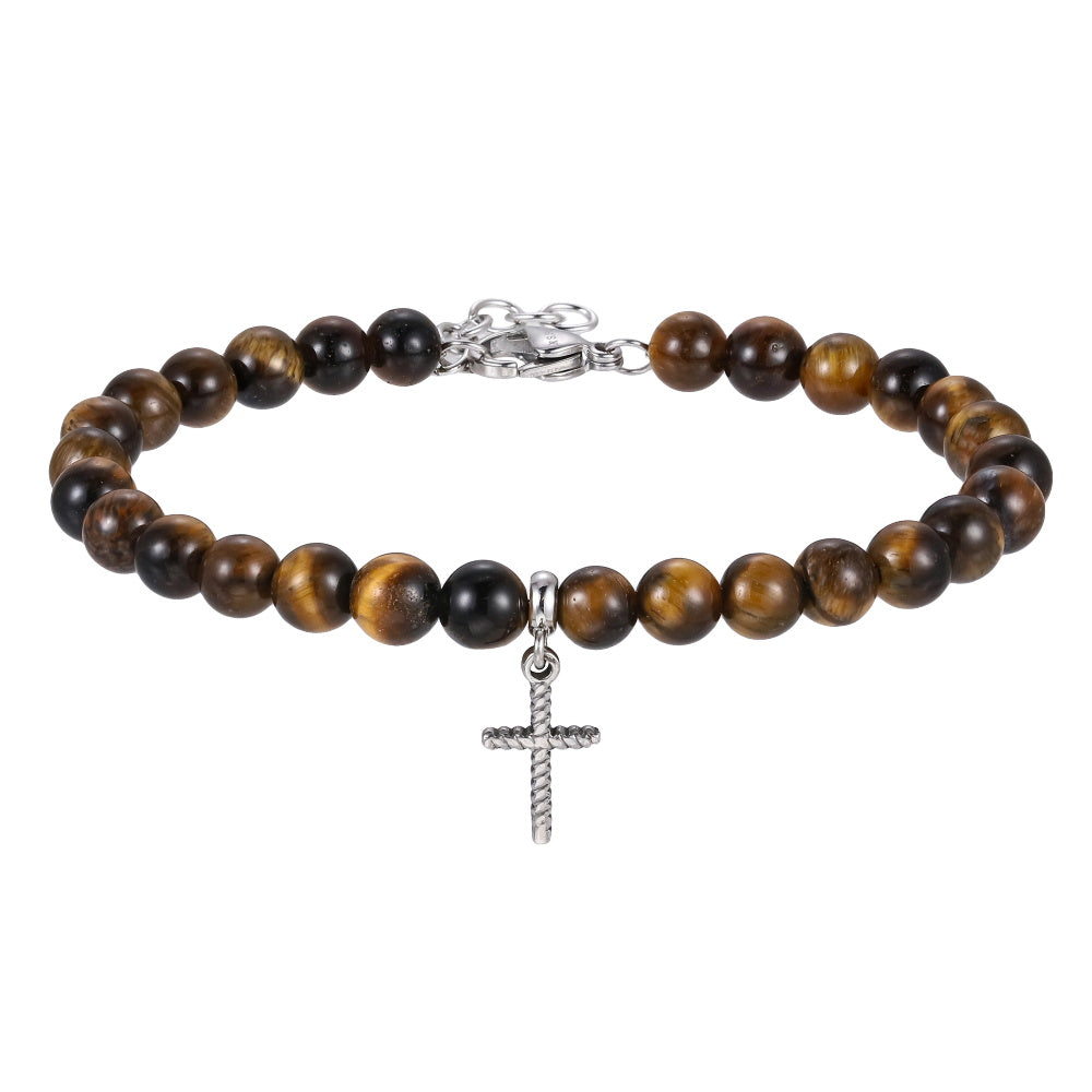 BSS1129 STAINLESS STEEL NATURAL STONE BEADS BRACELET WITH CROSS CHARM