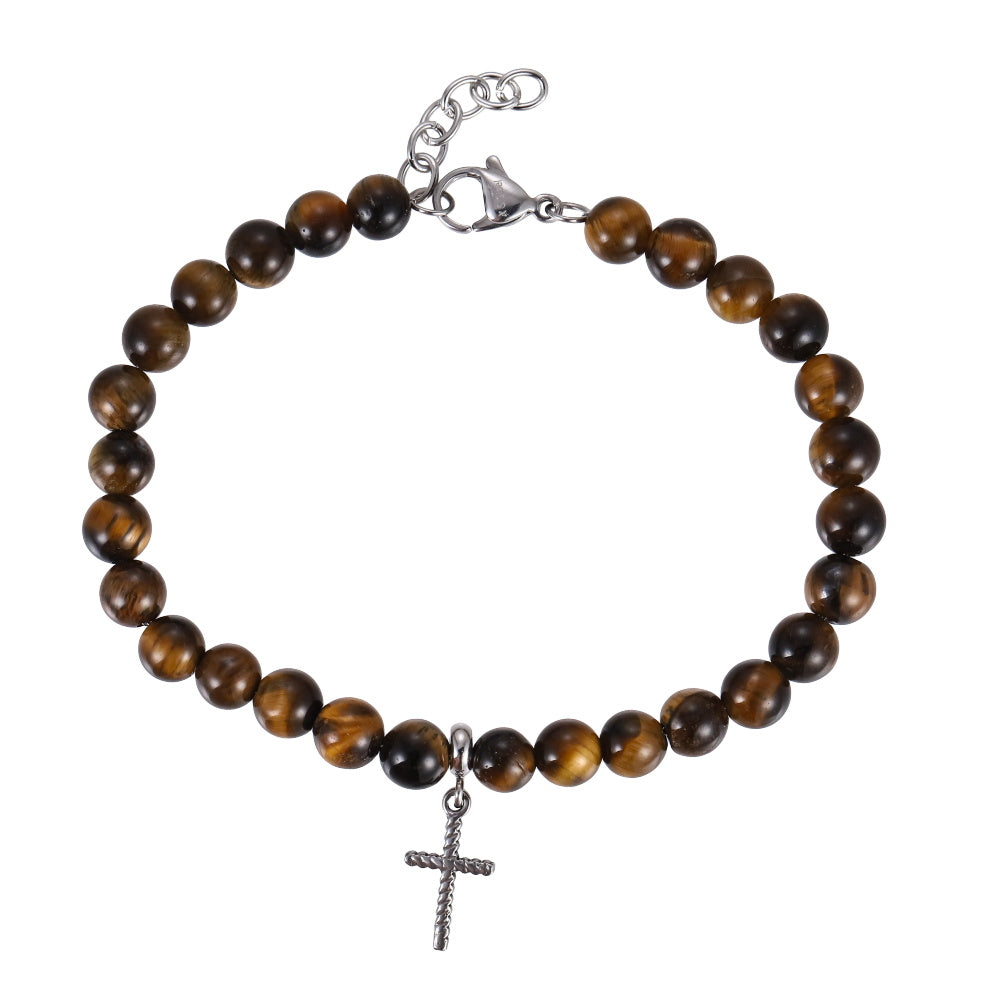 BSS1129 STAINLESS STEEL NATURAL STONE BEADS BRACELET WITH CROSS CHARM