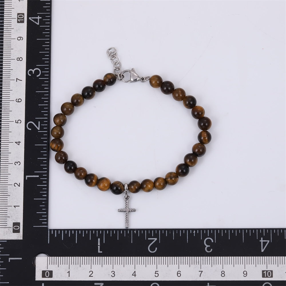 BSS1129 STAINLESS STEEL NATURAL STONE BEADS BRACELET WITH CROSS CHARM