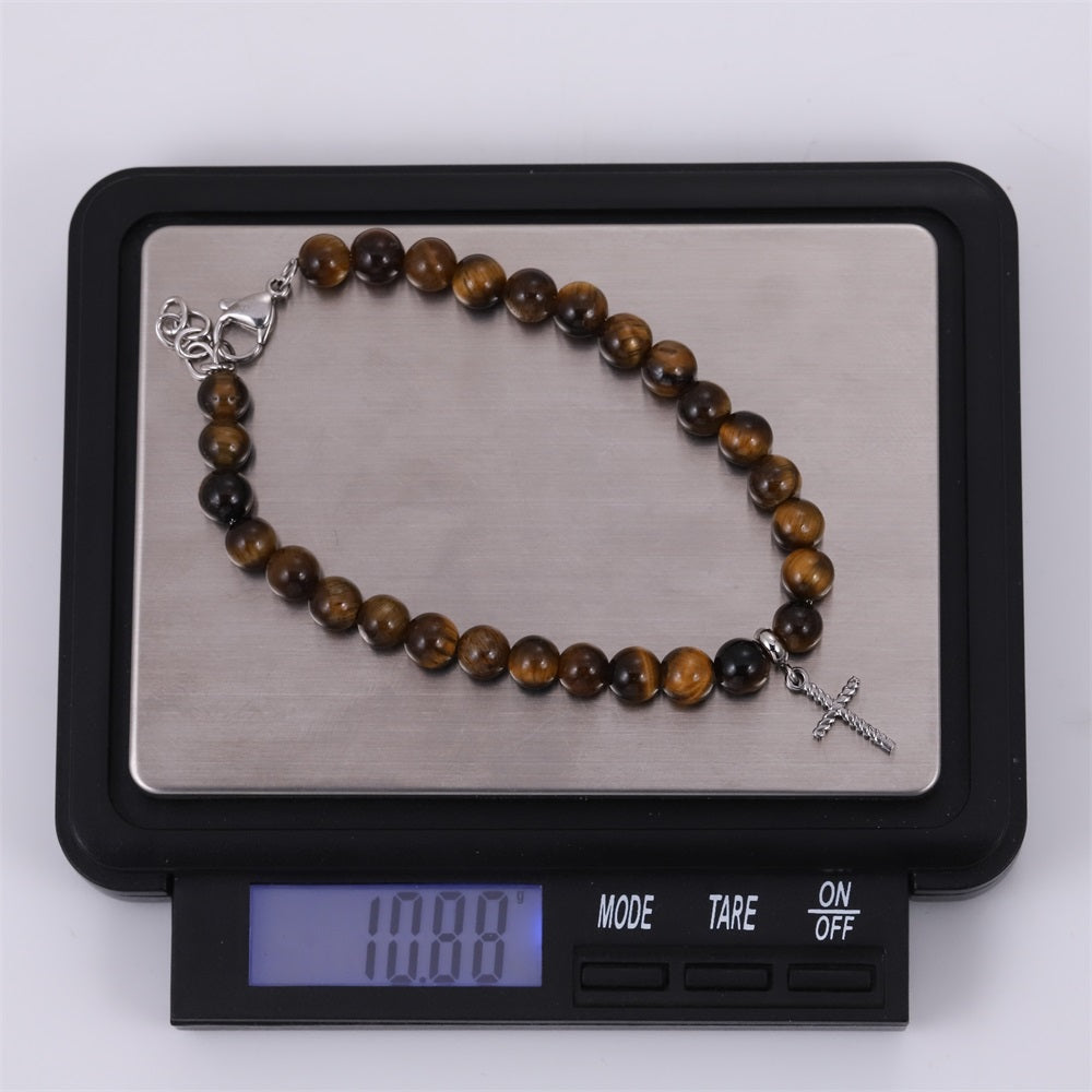 BSS1129 STAINLESS STEEL NATURAL STONE BEADS BRACELET WITH CROSS CHARM