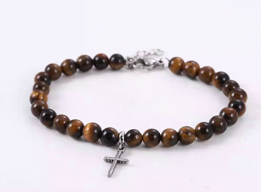 BSS1129 STAINLESS STEEL NATURAL STONE BEADS BRACELET WITH CROSS CHARM