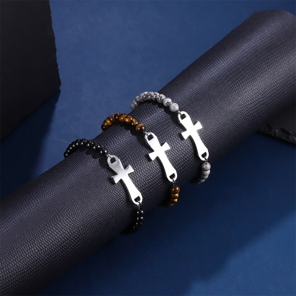 BSS1133 STAINLESS STEEL NATURAL STONE BEADS BRACELET WITH CROSS