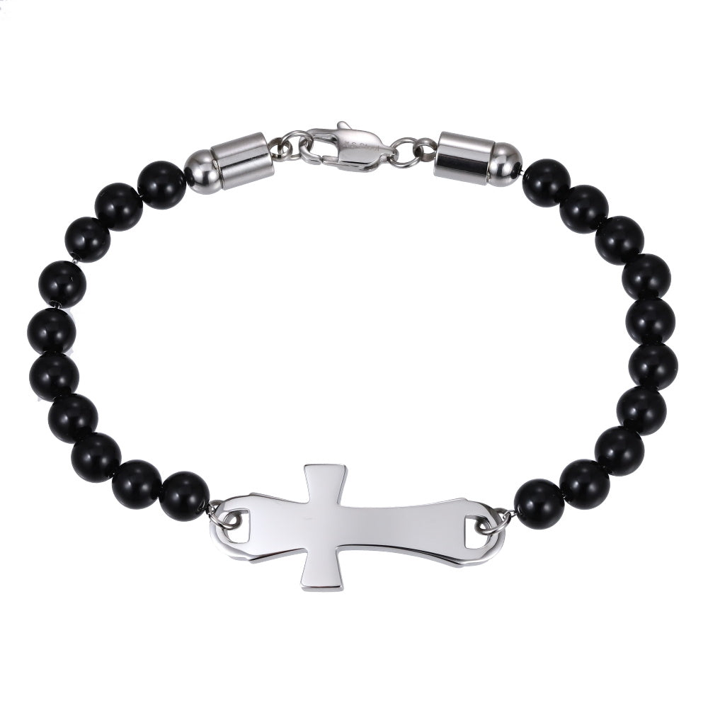 BSS1133 STAINLESS STEEL NATURAL STONE BEADS BRACELET WITH CROSS