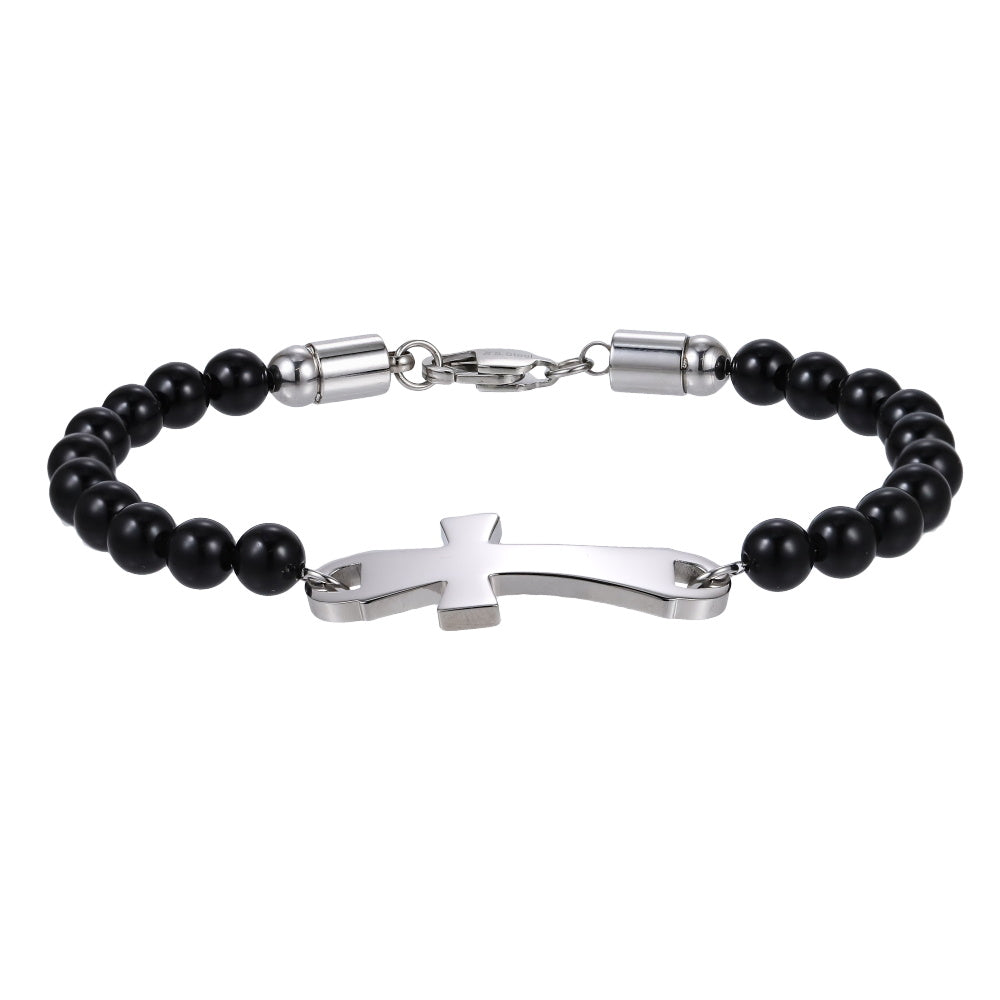 BSS1133 STAINLESS STEEL NATURAL STONE BEADS BRACELET WITH CROSS