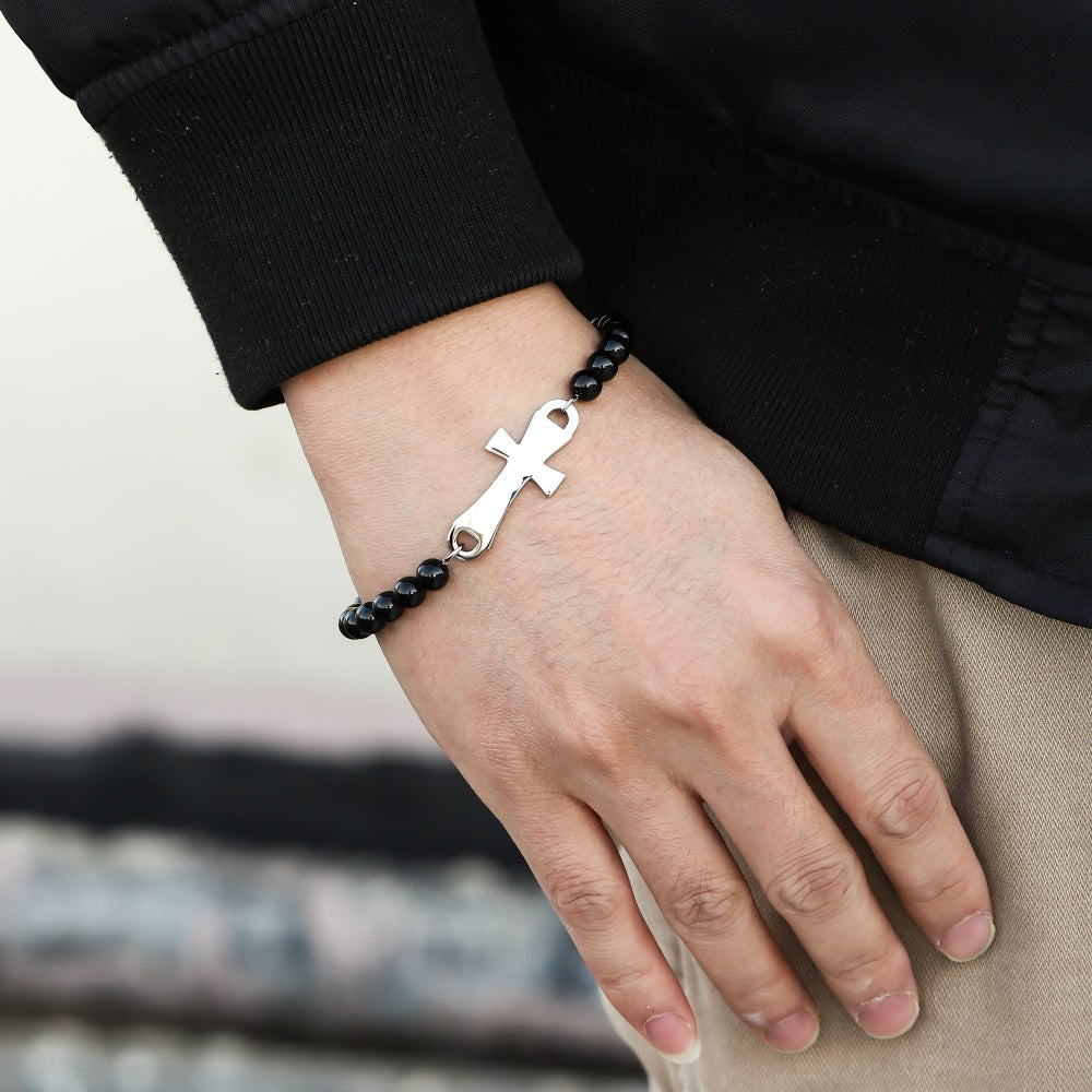 BSS1133 STAINLESS STEEL NATURAL STONE BEADS BRACELET WITH CROSS