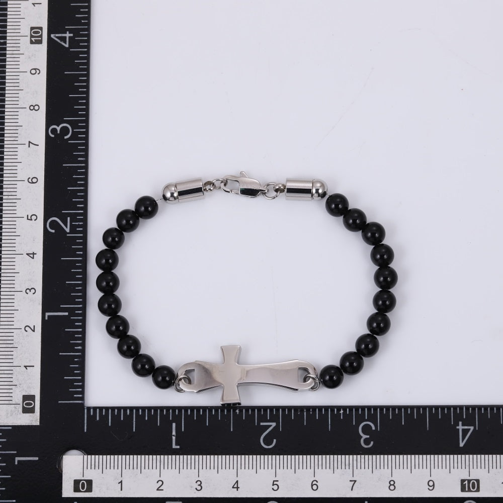 BSS1133 STAINLESS STEEL NATURAL STONE BEADS BRACELET WITH CROSS