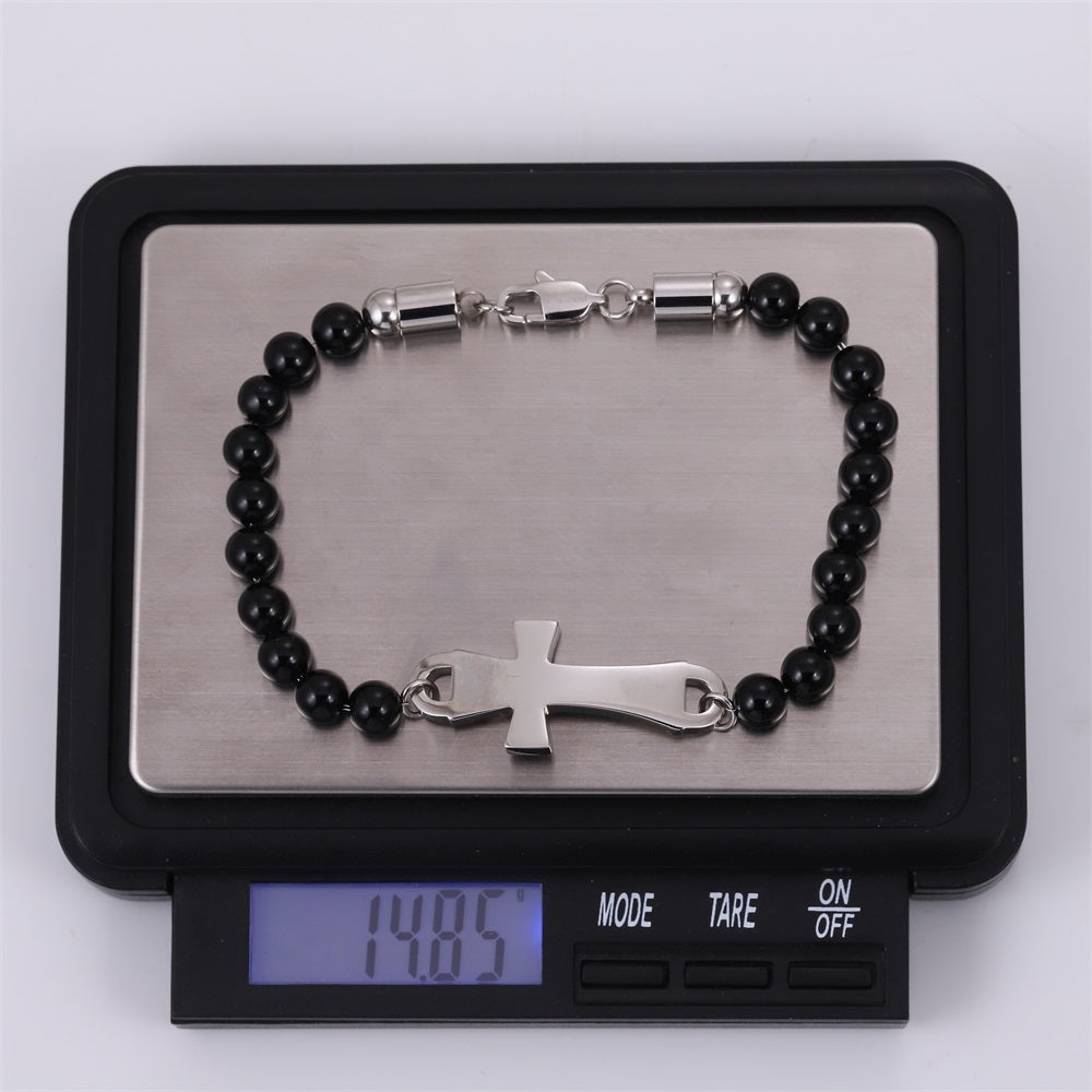BSS1133 STAINLESS STEEL NATURAL STONE BEADS BRACELET WITH CROSS