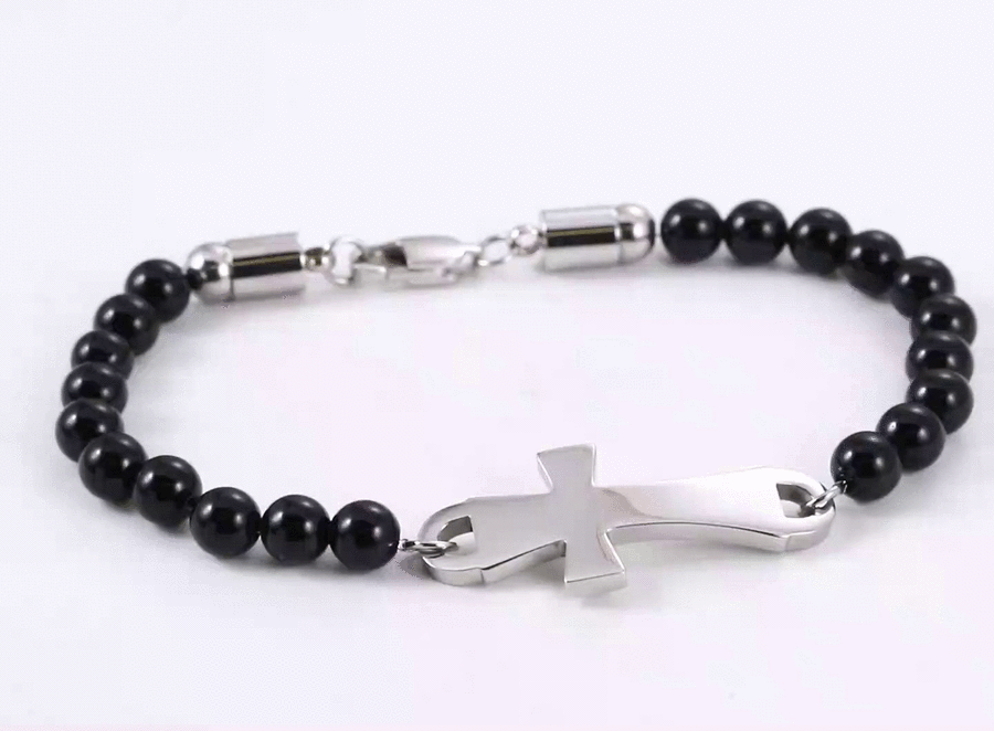 BSS1133 STAINLESS STEEL NATURAL STONE BEADS BRACELET WITH CROSS