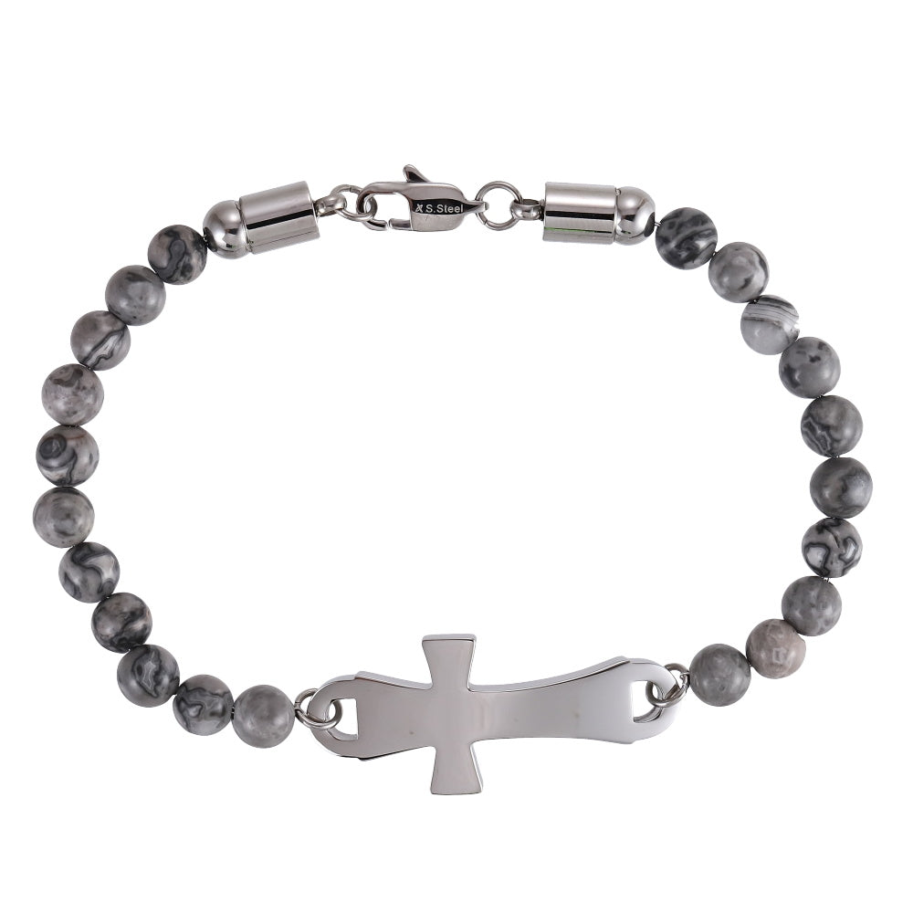 BSS1133 STAINLESS STEEL NATURAL STONE BEADS BRACELET WITH CROSS