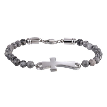 BSS1133 STAINLESS STEEL NATURAL STONE BEADS BRACELET WITH CROSS