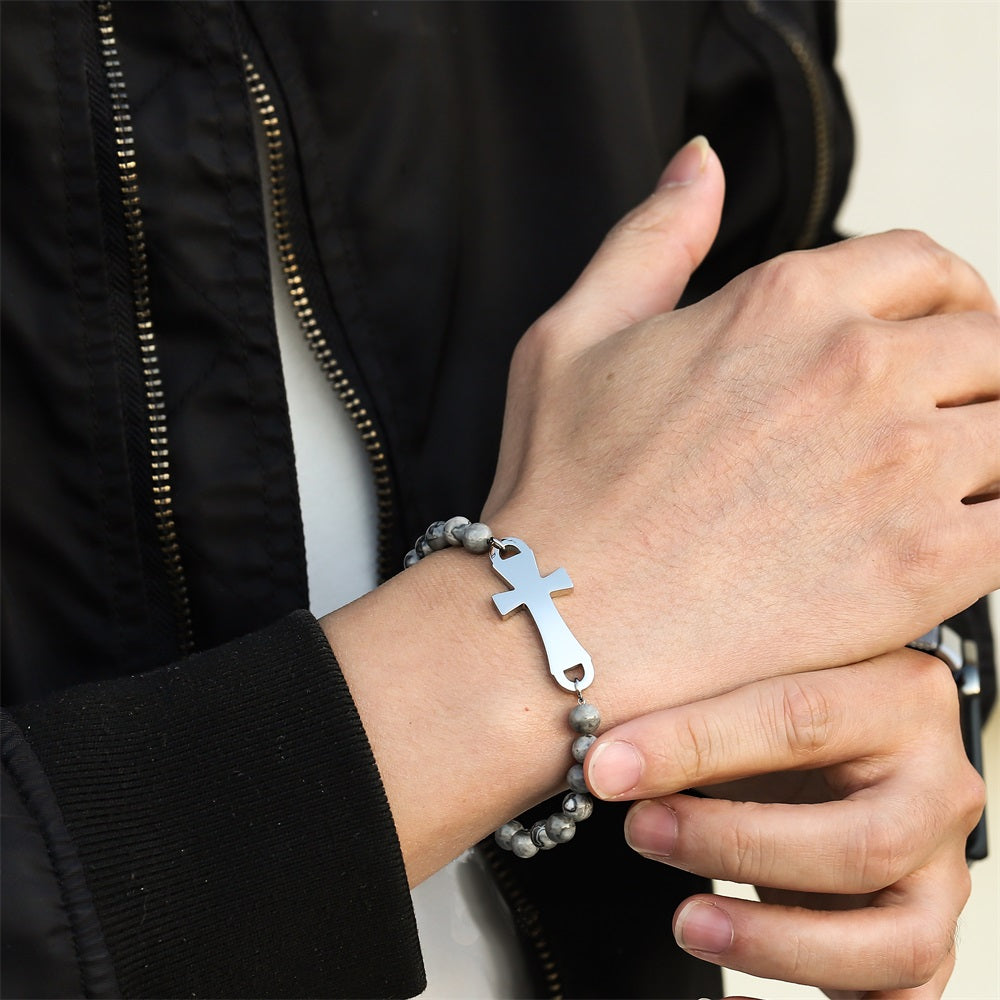 BSS1133 STAINLESS STEEL NATURAL STONE BEADS BRACELET WITH CROSS