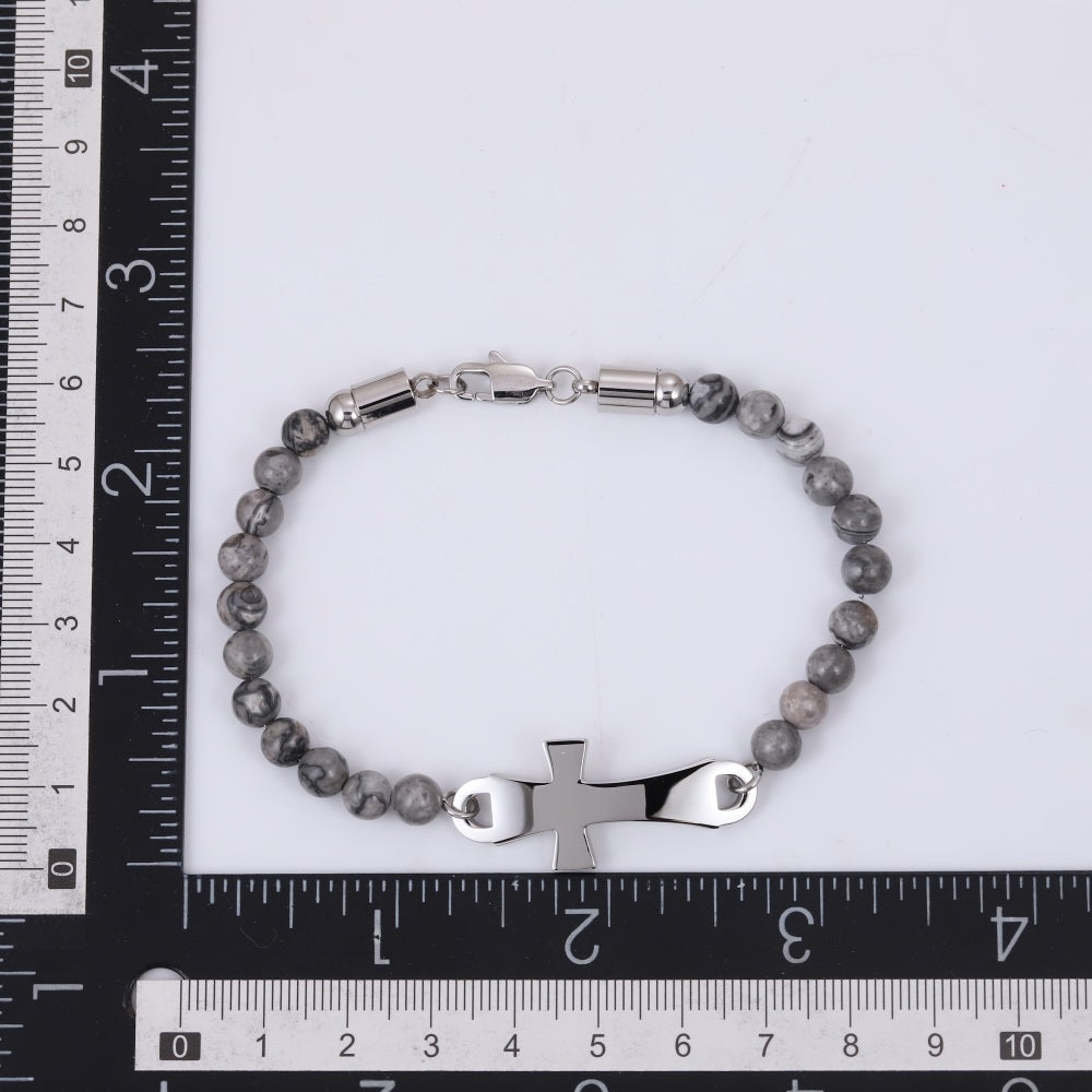 BSS1133 STAINLESS STEEL NATURAL STONE BEADS BRACELET WITH CROSS