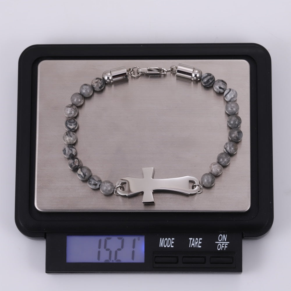 BSS1133 STAINLESS STEEL NATURAL STONE BEADS BRACELET WITH CROSS