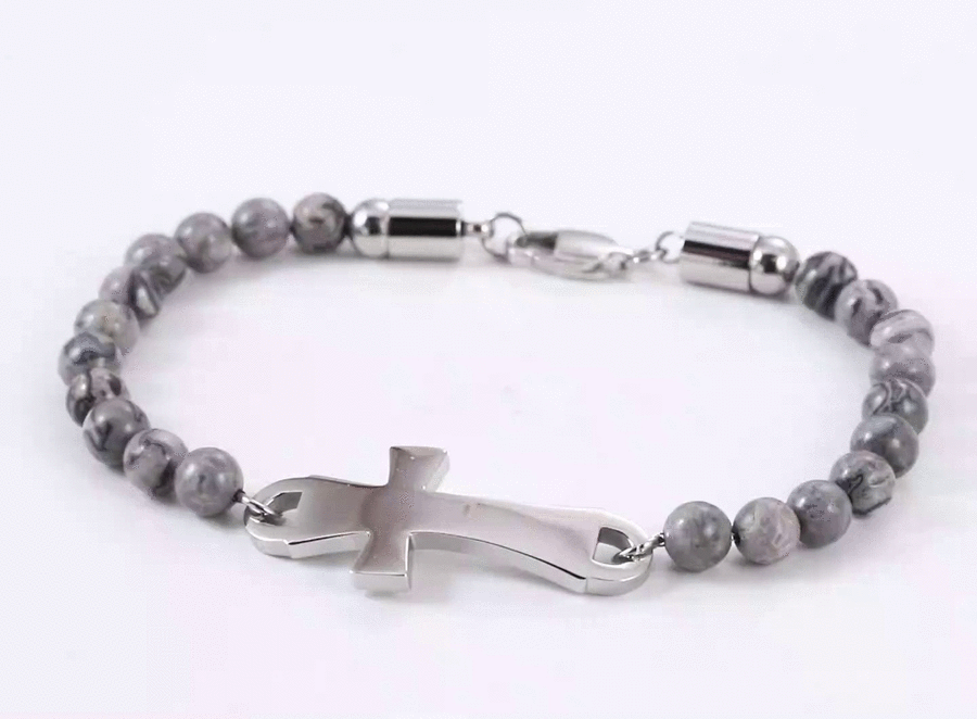 BSS1133 STAINLESS STEEL NATURAL STONE BEADS BRACELET WITH CROSS