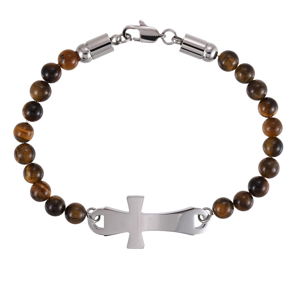 BSS1133 STAINLESS STEEL NATURAL STONE BEADS BRACELET WITH CROSS