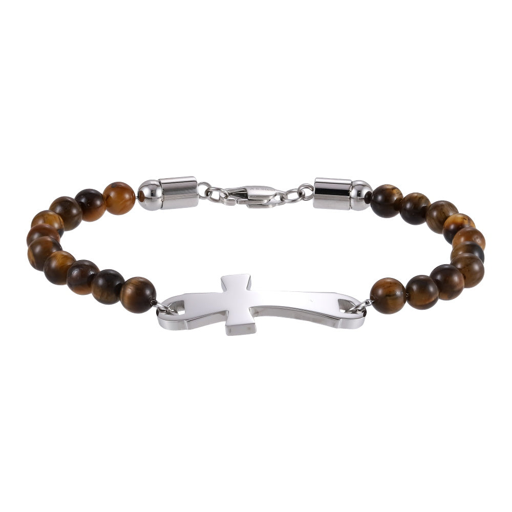 BSS1133 STAINLESS STEEL NATURAL STONE BEADS BRACELET WITH CROSS