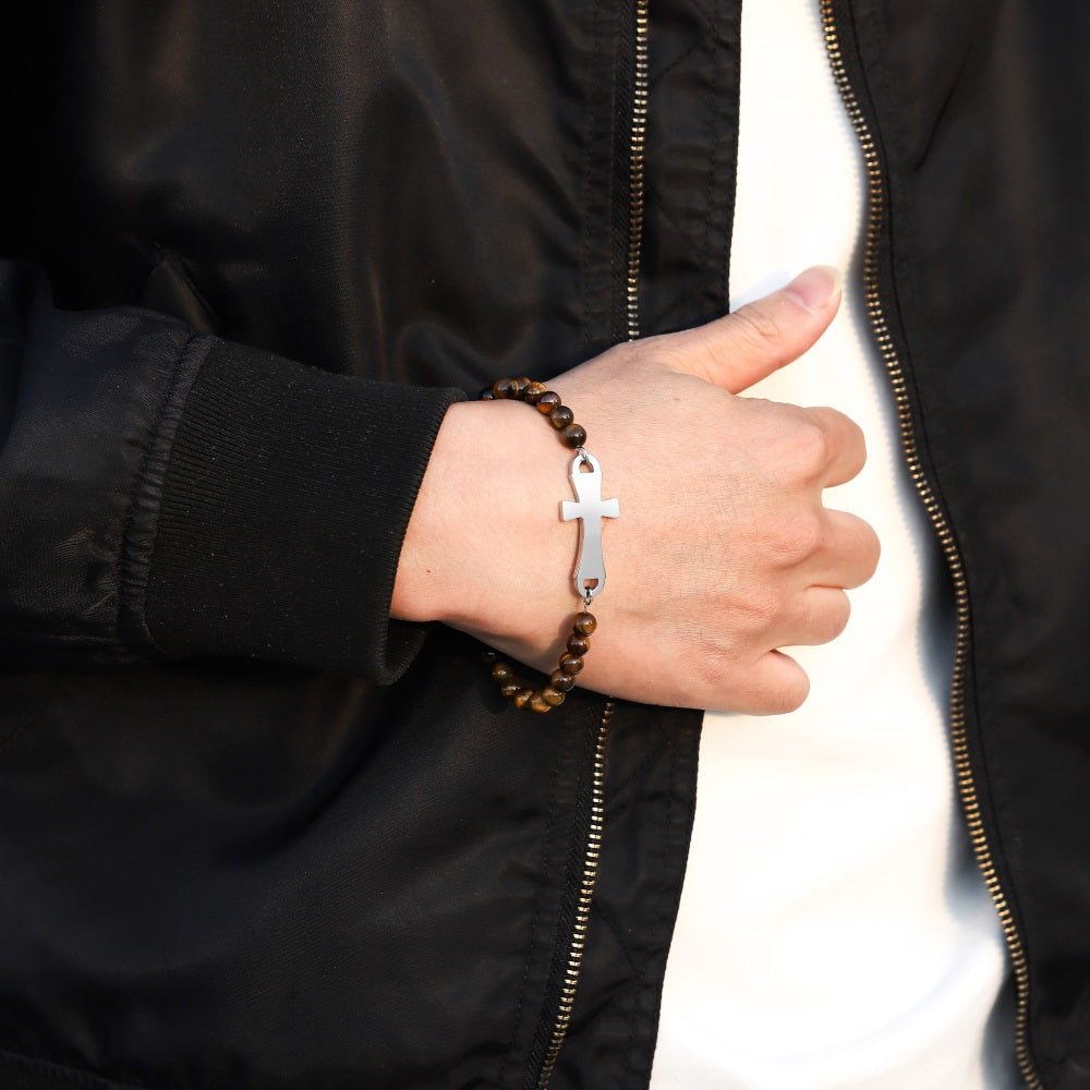 BSS1133 STAINLESS STEEL NATURAL STONE BEADS BRACELET WITH CROSS