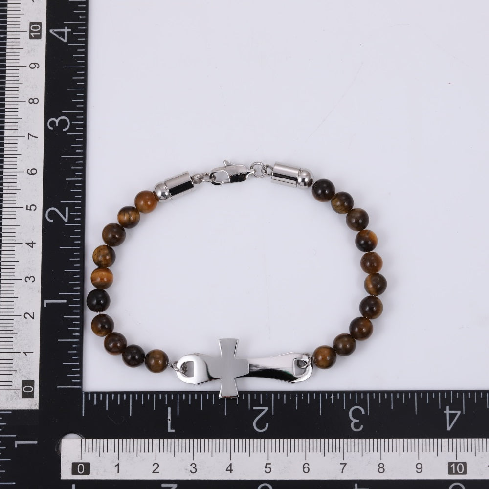 BSS1133 STAINLESS STEEL NATURAL STONE BEADS BRACELET WITH CROSS