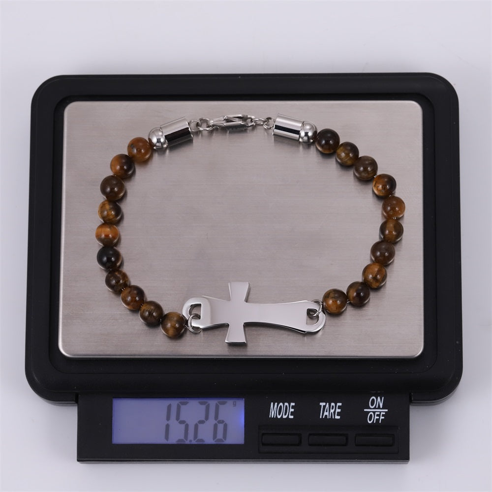 BSS1133 STAINLESS STEEL NATURAL STONE BEADS BRACELET WITH CROSS