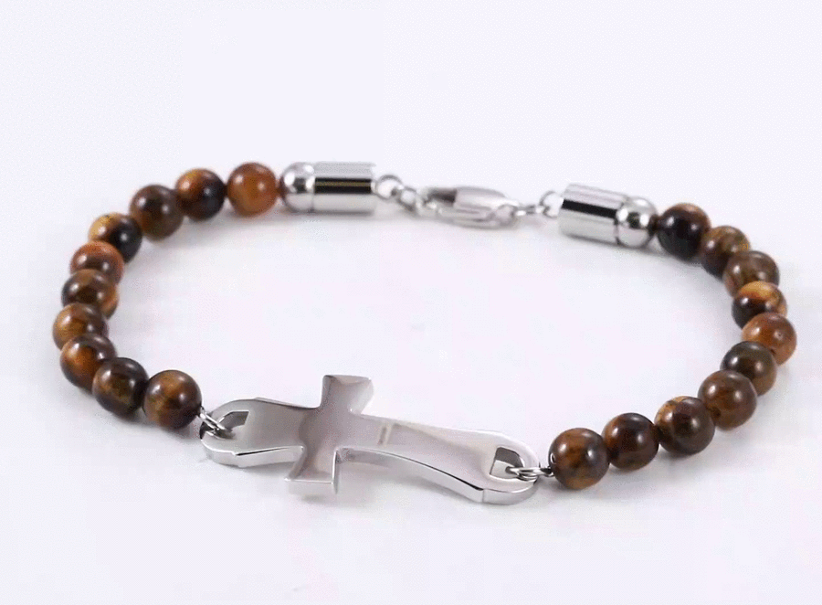 BSS1133 STAINLESS STEEL NATURAL STONE BEADS BRACELET WITH CROSS
