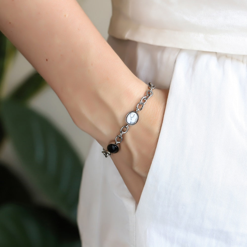 AAB stainless steel bracelet with natural black onyx and synthetic white turquoise, OEM ODM supplier