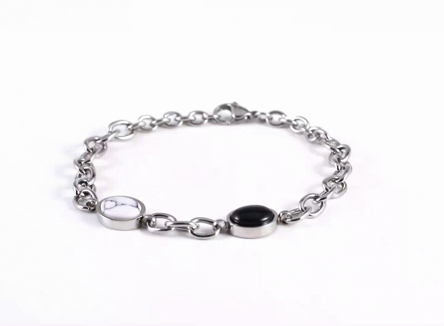 AAB stainless steel bracelet with natural black onyx and synthetic white turquoise, OEM ODM supplier