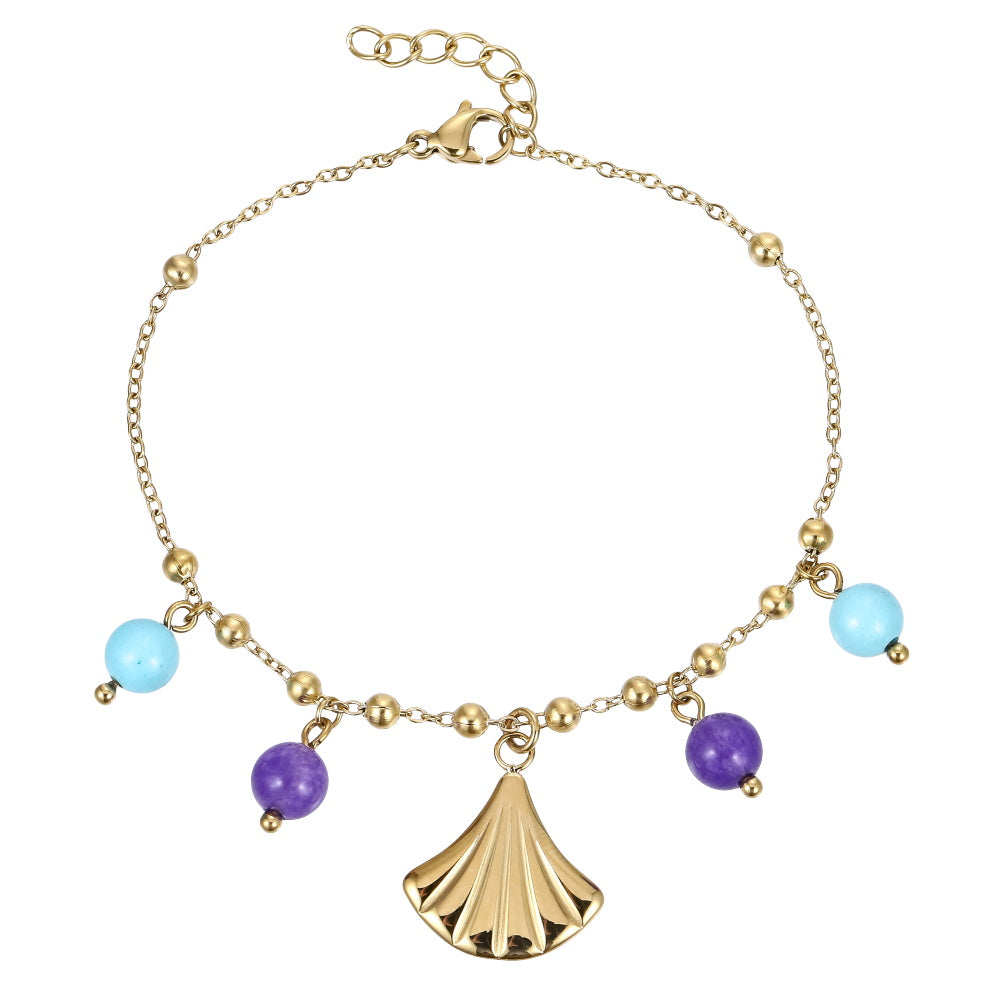 BSS1147 STAINLESS STEEL BRACELET WITH LEAF CHARM AND BEADS