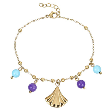 BSS1147 STAINLESS STEEL BRACELET WITH LEAF CHARM AND BEADS