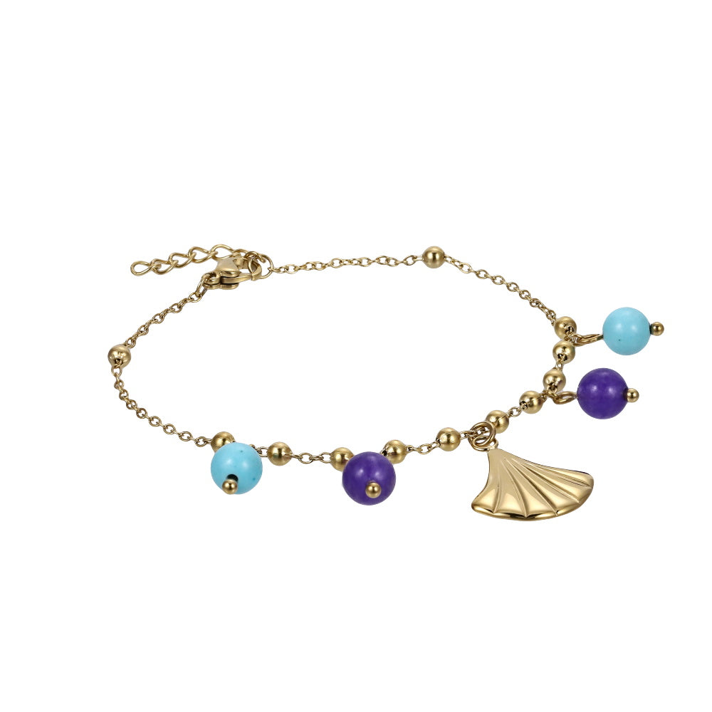 BSS1147 STAINLESS STEEL BRACELET WITH LEAF CHARM AND BEADS
