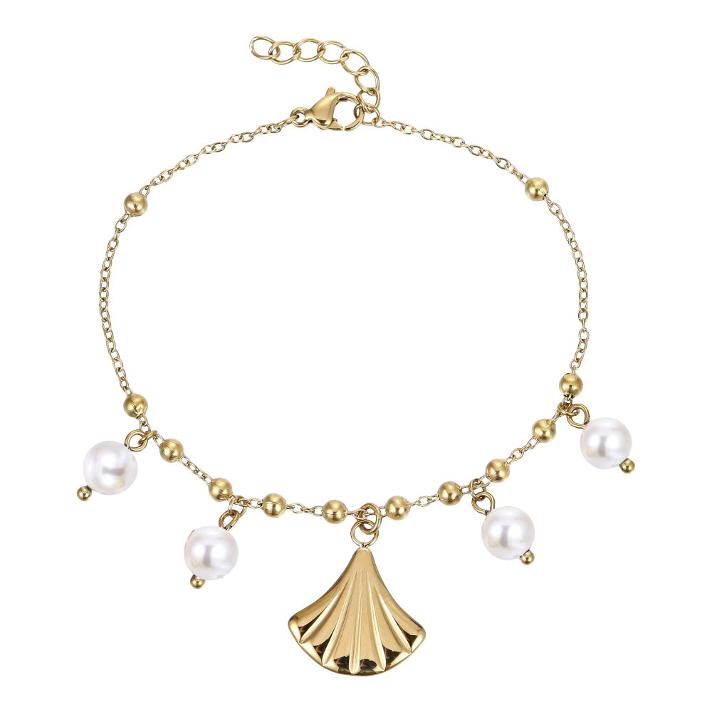 BSS1147 STAINLESS STEEL BRACELET WITH LEAF CHARM AND BEADS