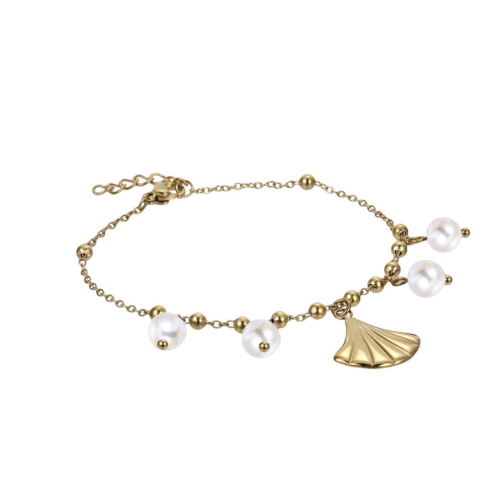 BSS1147 STAINLESS STEEL BRACELET WITH LEAF CHARM AND BEADS