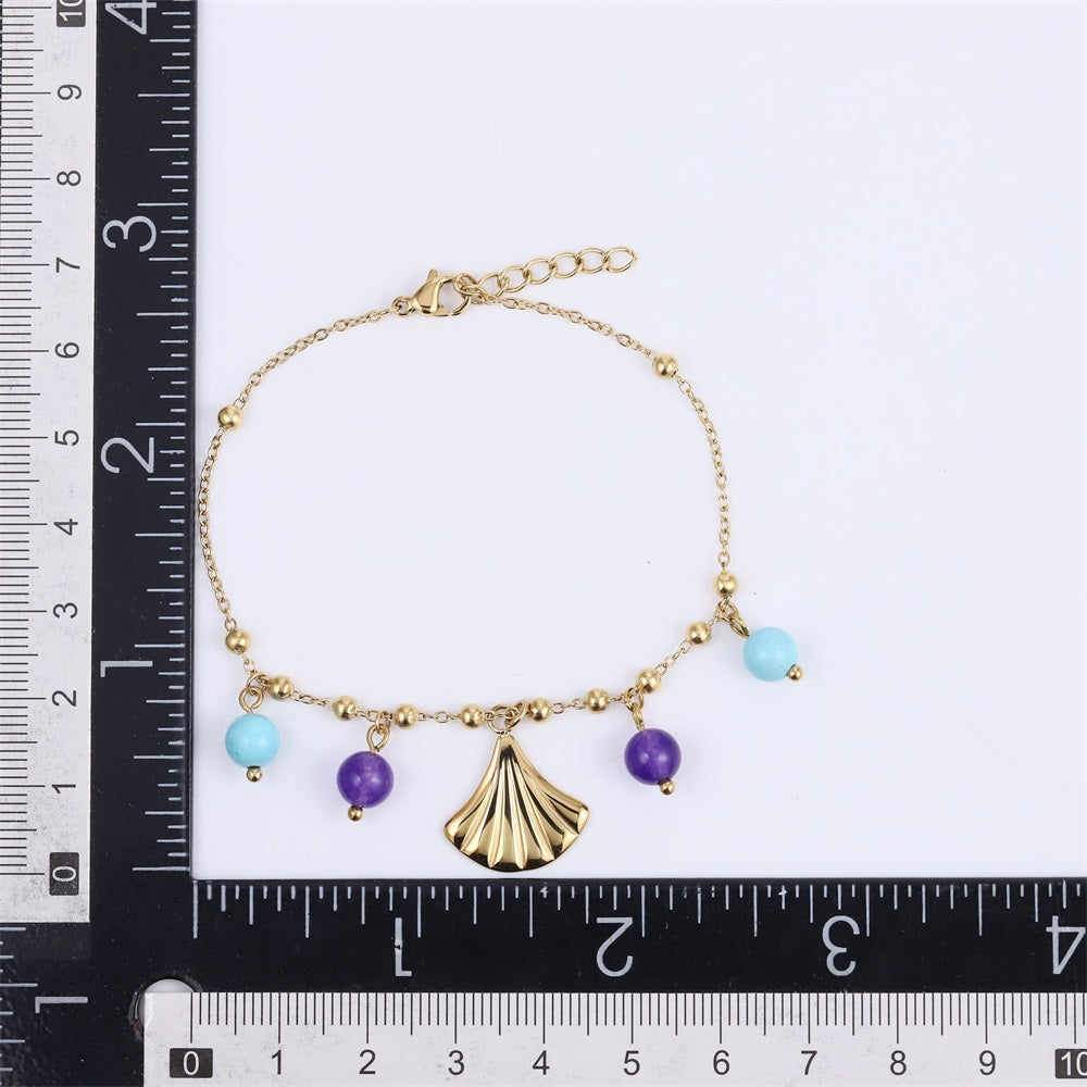 BSS1147 STAINLESS STEEL BRACELET WITH LEAF CHARM AND BEADS