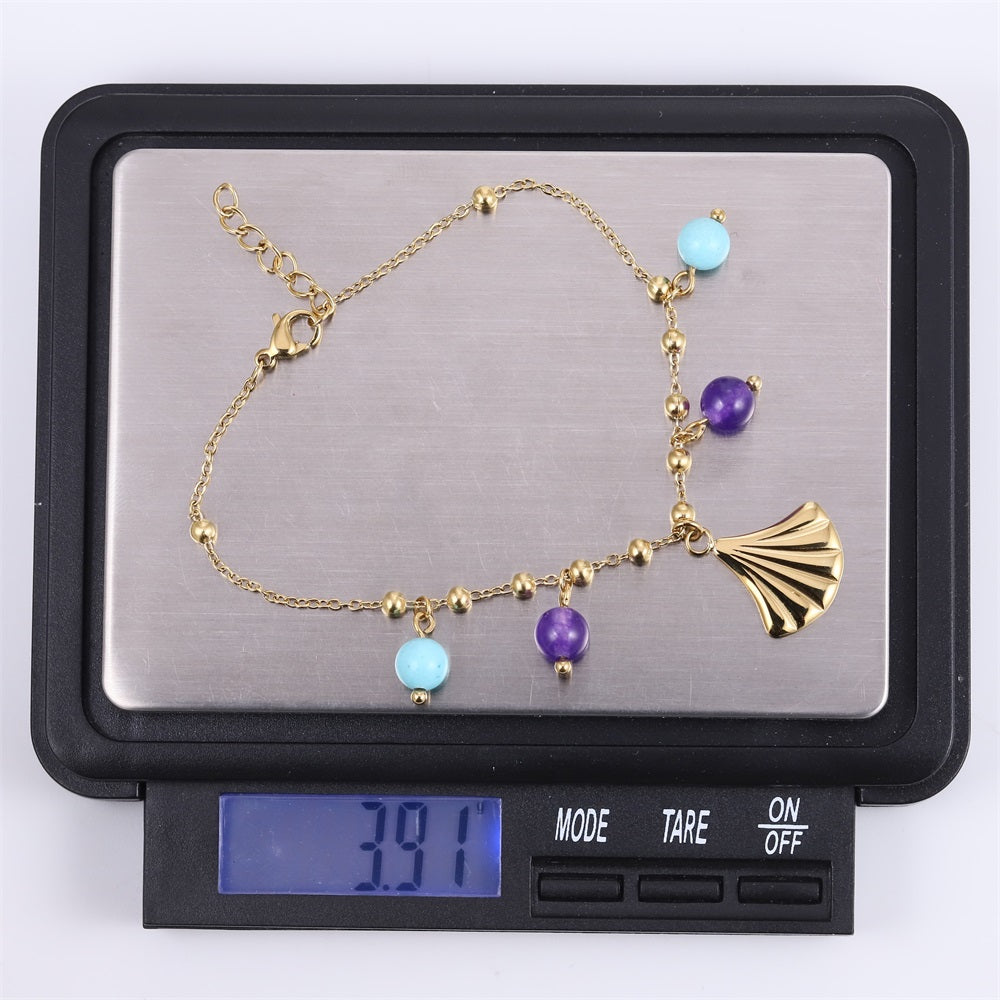 BSS1147 STAINLESS STEEL BRACELET WITH LEAF CHARM AND BEADS