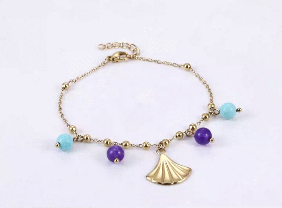 BSS1147 STAINLESS STEEL BRACELET WITH LEAF CHARM AND BEADS