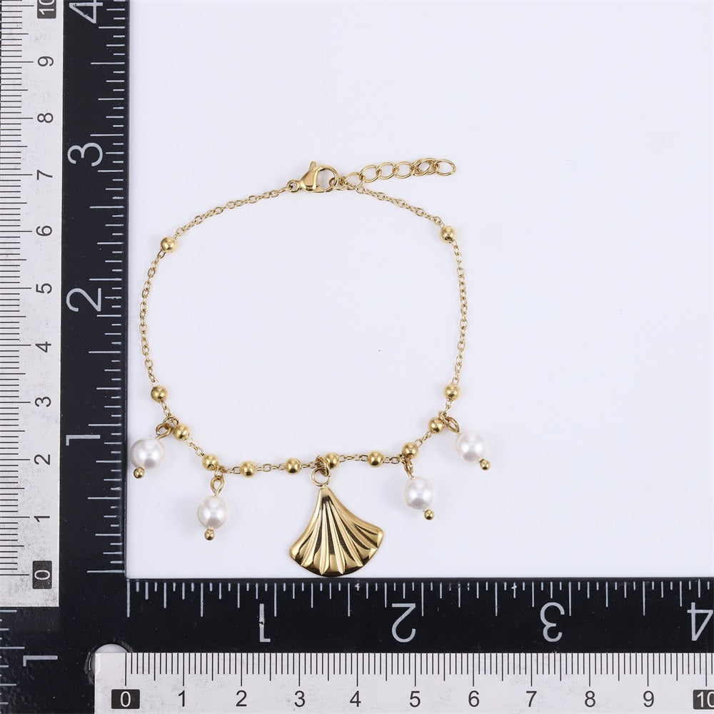 BSS1147 STAINLESS STEEL BRACELET WITH LEAF CHARM AND BEADS