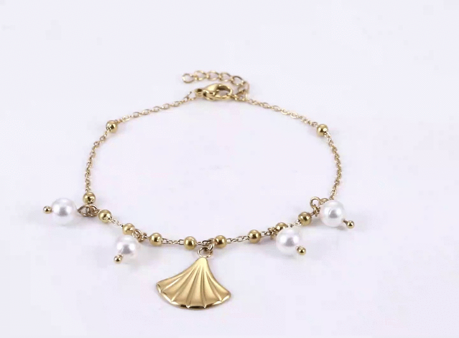 BSS1147 STAINLESS STEEL BRACELET WITH LEAF CHARM AND BEADS