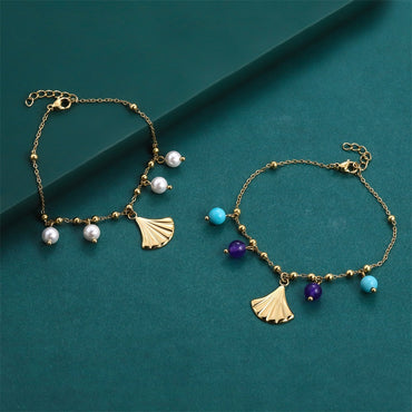 BSS1147 STAINLESS STEEL BRACELET WITH LEAF CHARM AND BEADS