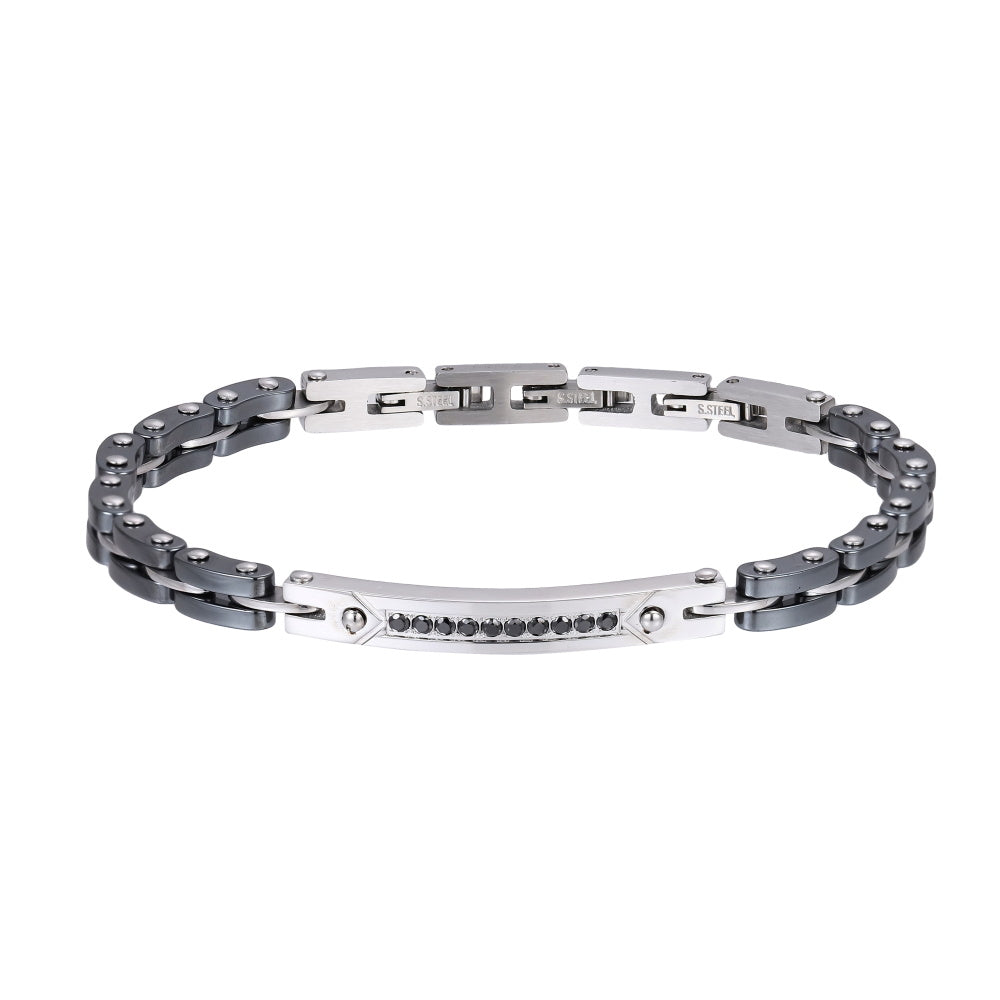 BSS1155 STAINLESS STEEL & HEMATITE BRACELET WITH CZ