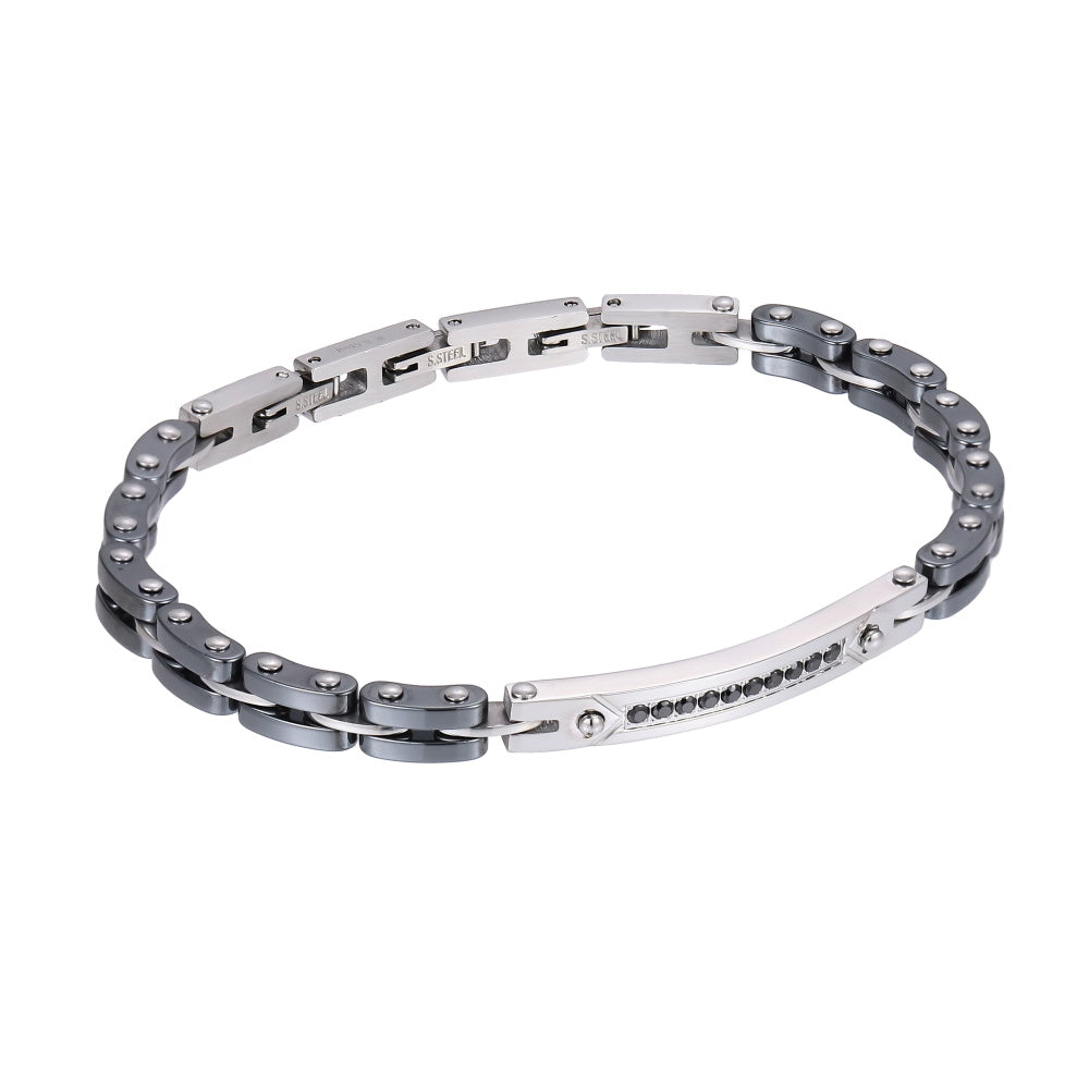 BSS1155 STAINLESS STEEL & HEMATITE BRACELET WITH CZ