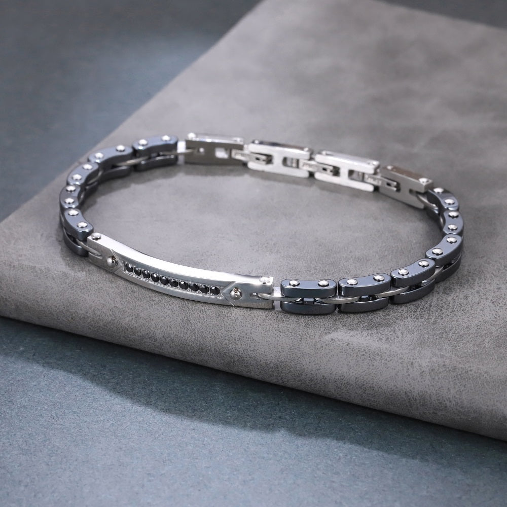 BSS1155 STAINLESS STEEL & HEMATITE BRACELET WITH CZ