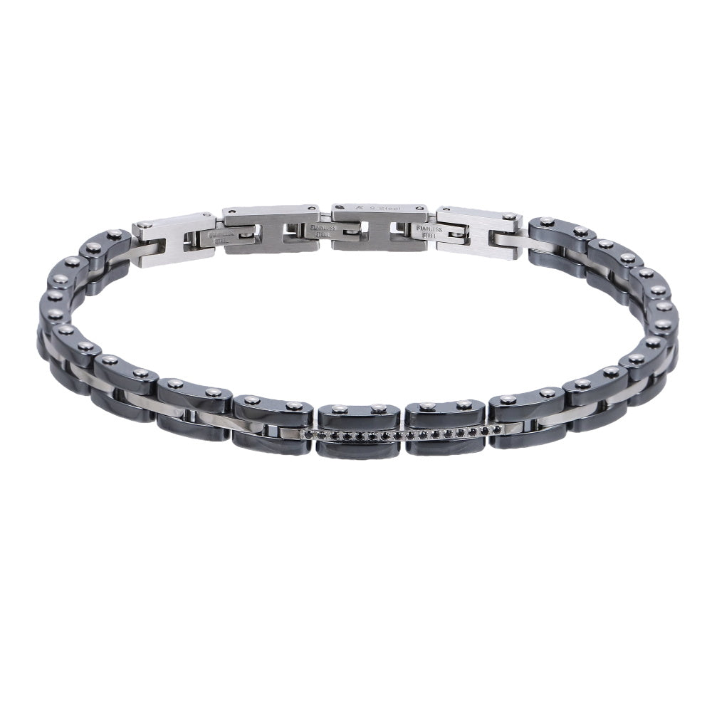 BSS1159 STAINLESS STEEL & HEMATITE BRACELET WITH CZ