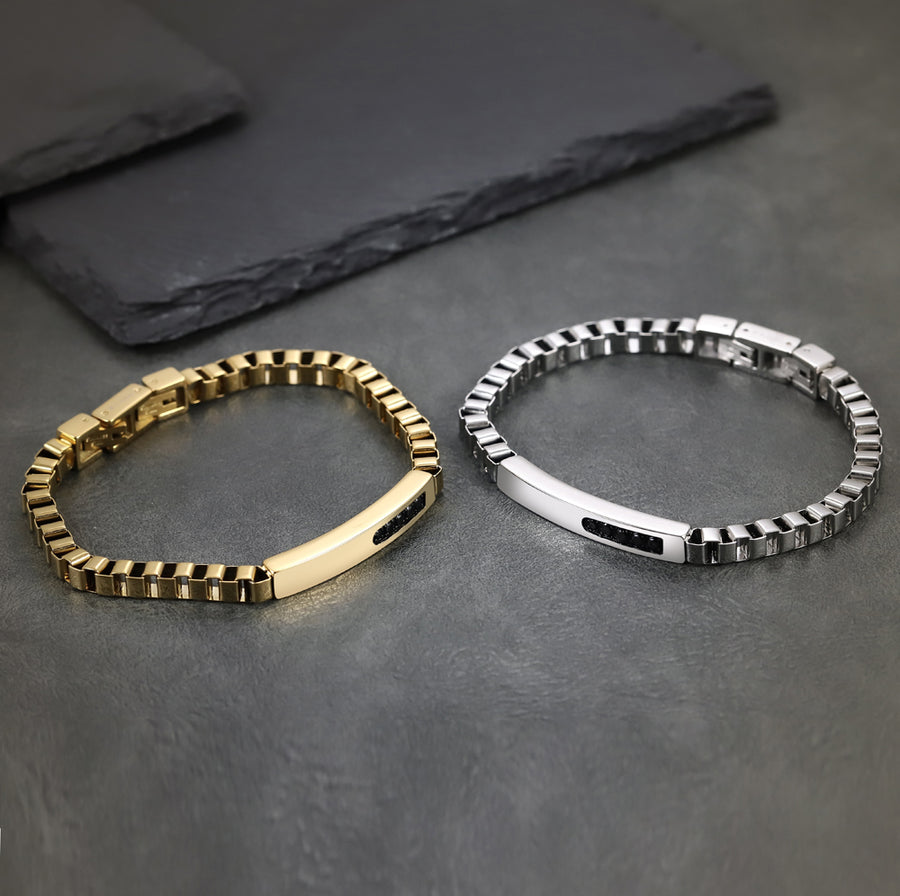 BSS1174 STAINLESS STEEL BOX CHAIN BRACELET WITH ID PLATE&CZ