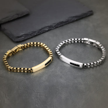 BSS1174 STAINLESS STEEL BOX CHAIN BRACELET WITH ID PLATE&CZ