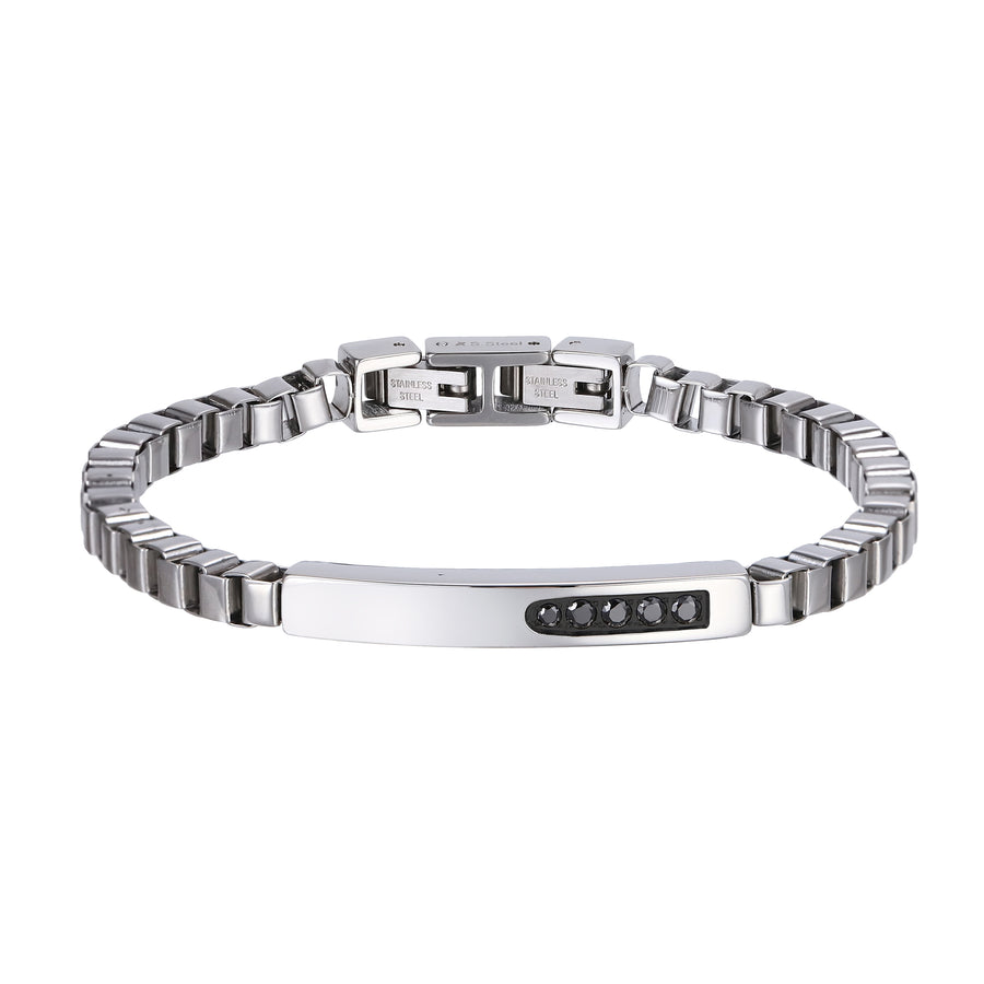 BSS1174 STAINLESS STEEL BOX CHAIN BRACELET WITH ID PLATE&CZ