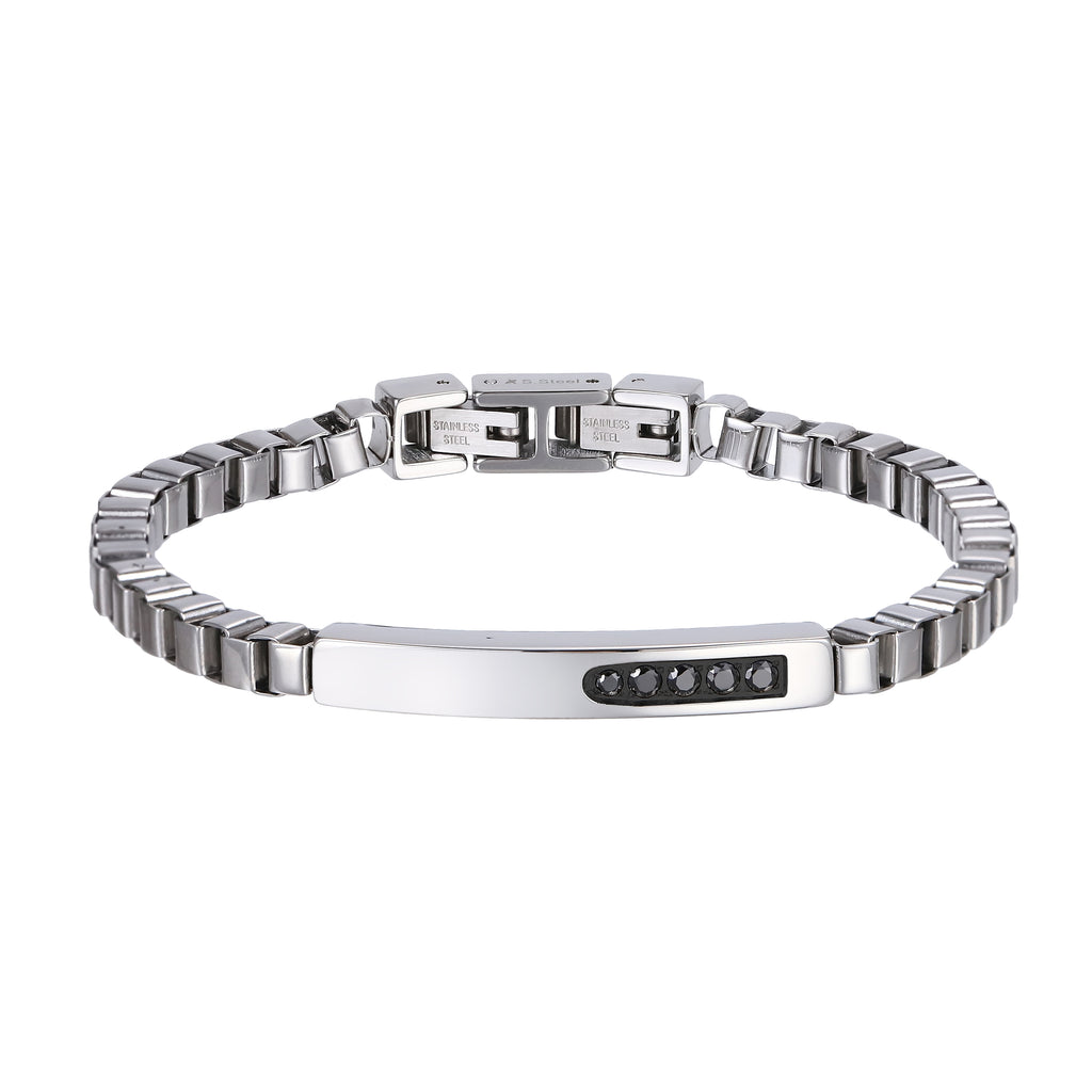 BSS1174 STAINLESS STEEL BOX CHAIN BRACELET WITH ID PLATE&CZ
