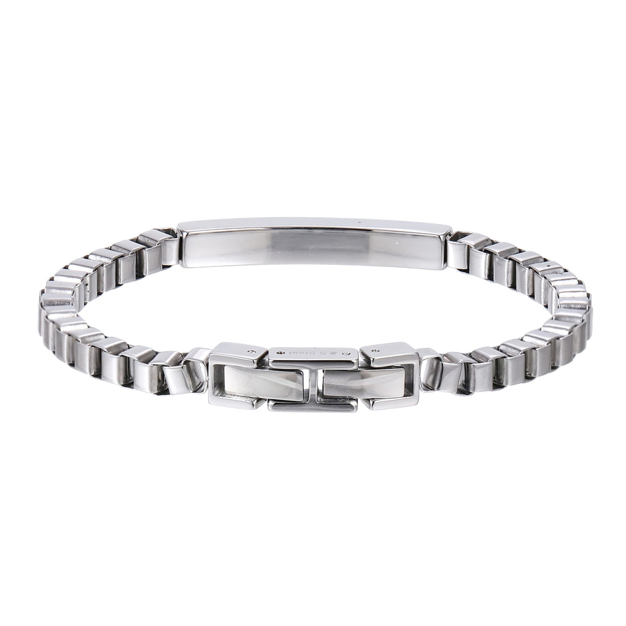 BSS1174 STAINLESS STEEL BOX CHAIN BRACELET WITH ID PLATE&CZ